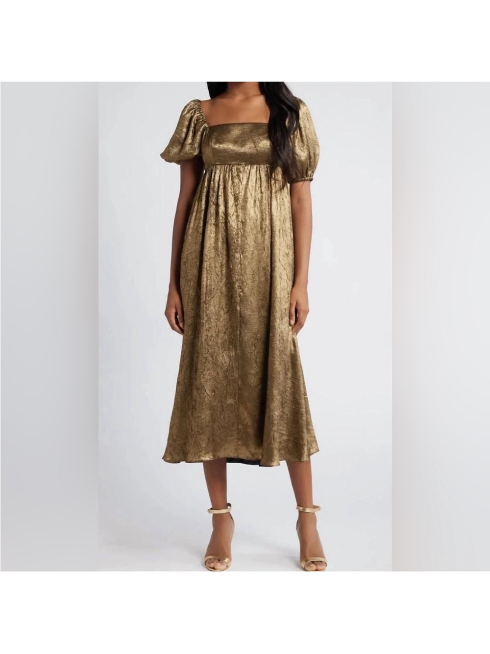 Moon River Metallic Gold Puff-Sleeve Square-Neck Midi Dress